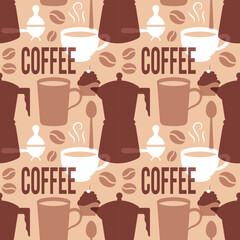 Coffee Time Seamless Pattern Design With Cacao Beans, Grains and Jug in Cartoon Flat Illustration