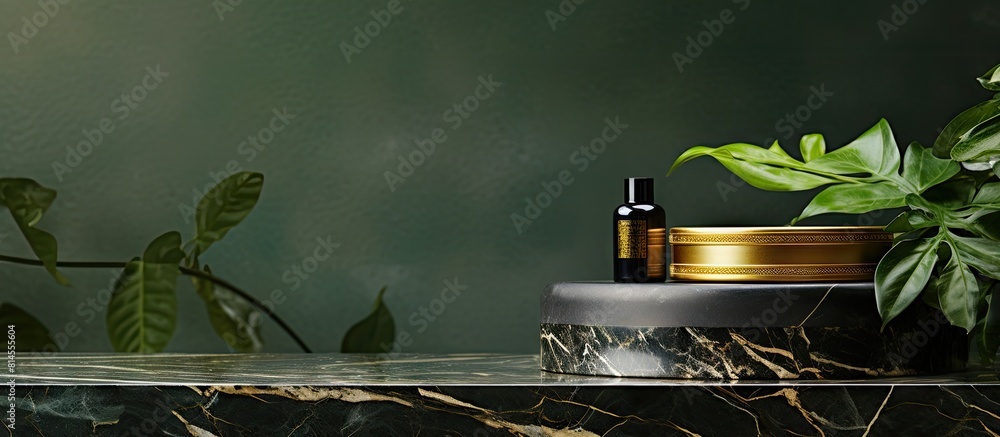 Poster a decorative stand for beauty products made of black gold stone is displayed on a green background p