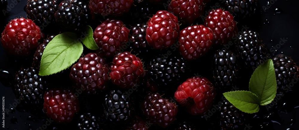Aufkleber a copy space image of fresh ripe blackberries seen from above on a scratched black background