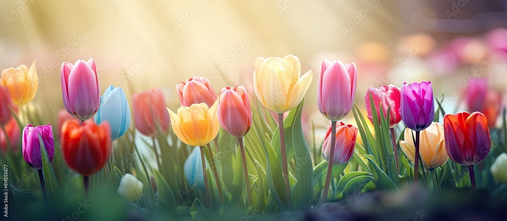 Poster In the spring field vibrant tulip flowers bloom creating a colorful and picturesque scene copy space image