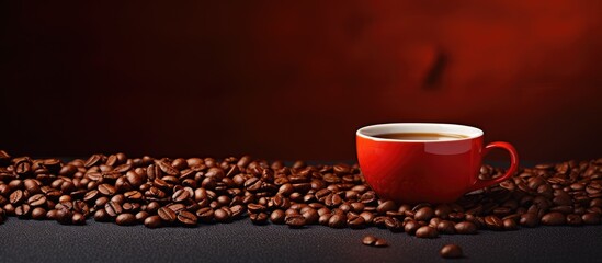 A coffee cup sits on the table with scattered coffee beans around it creating a stylish and captivating copy space image