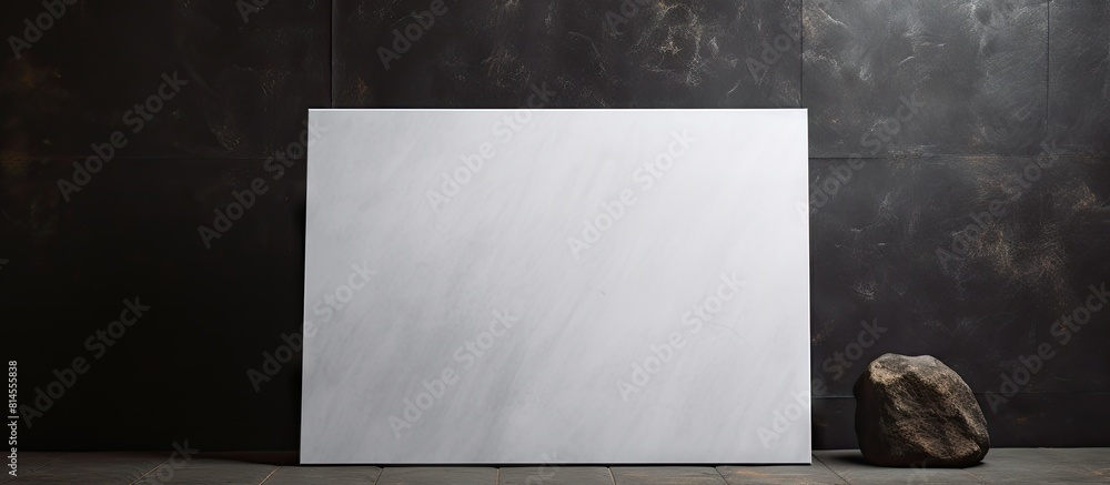 Poster A blank white poster is placed on a black marble table with a blurred black rough stone background This mock up provides copy space for adding your design or text