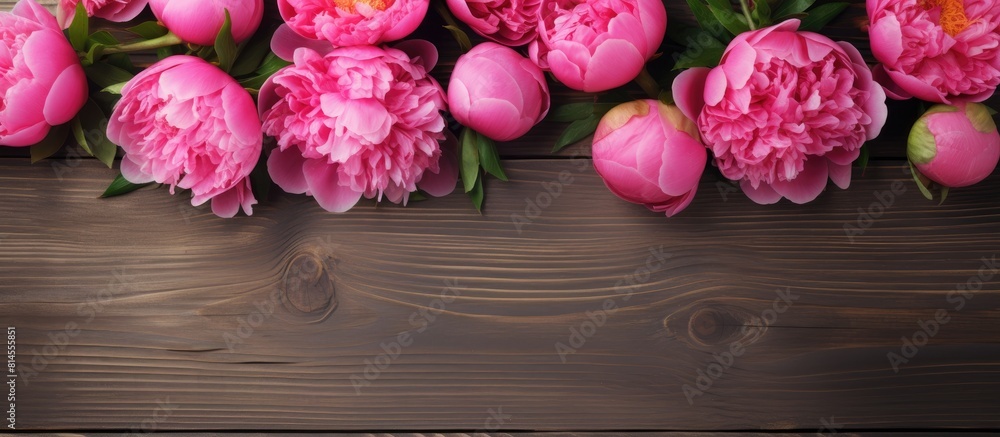 Aufkleber A picturesque copy space image with vibrant pink peony flowers beautifully arranged on a rustic wooden background creating the perfect Mother s Day vibe The flat lay gives a flawless top view of this