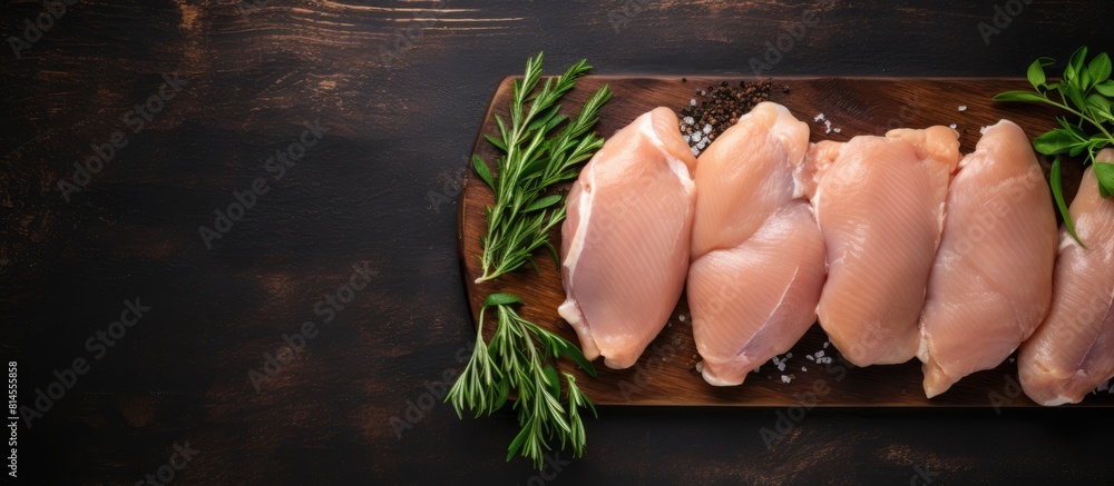 Poster view of fresh chicken meat on a dark board from a top angle with ample space for additional content
