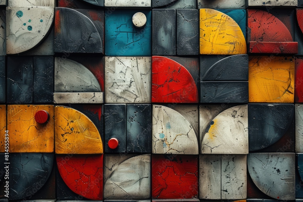 Poster a colorful 3d mosaic of squares and circles made of concrete and painted in bright colors. aig51a.