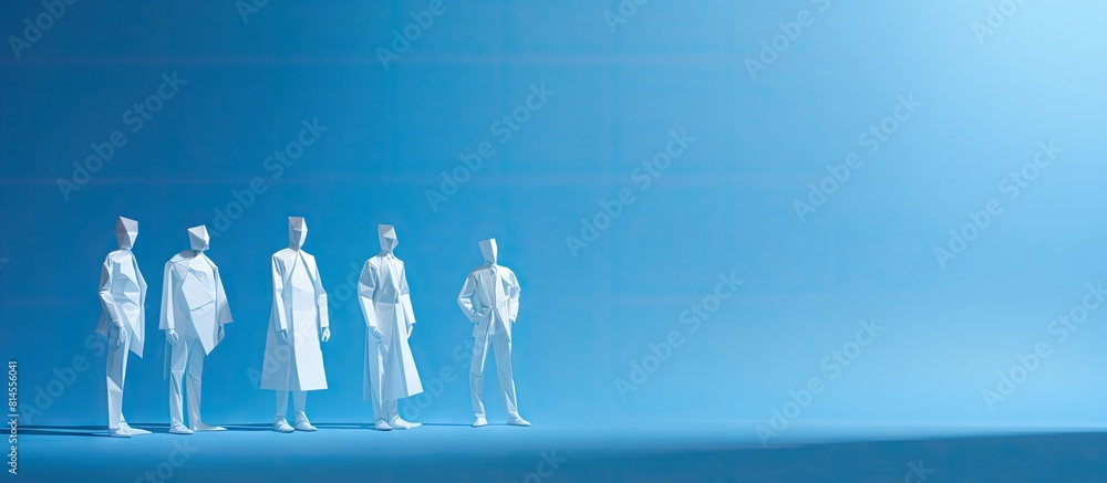 Poster A group of paper people standing together in isolation against a blue background with plenty of copy space available in the image