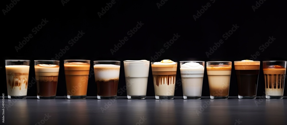 Poster A copy space image showcasing various coffee types like latte espresso mocha and cappuccino presented in a range of cups and containers with different styles