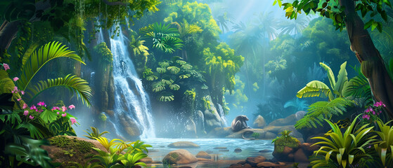 Lush tropical jungle with serene waterfalls, monk meditating in peaceful surroundings, surrounded by nature's beauty.