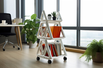 A modern, white, triangular shelf on wheels holds plants and books in a bright, contemporary office with large windows