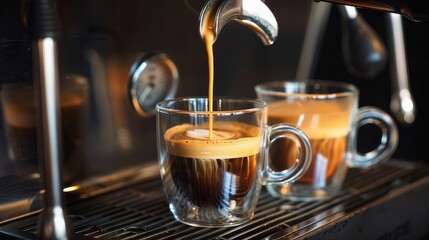 Two cups of liquid coffee are poured into a home appliance