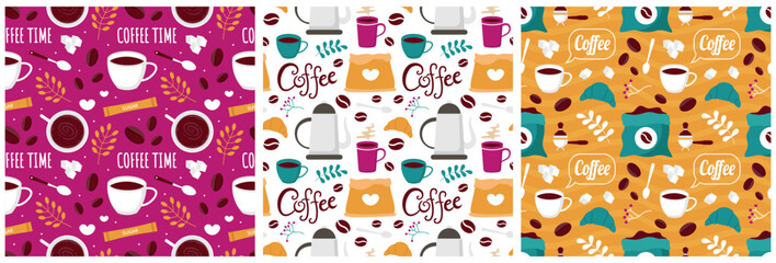 Obraz premium Coffee Time Seamless Pattern Design With Cacao Beans, Grains and Jug in Cartoon Flat Illustration