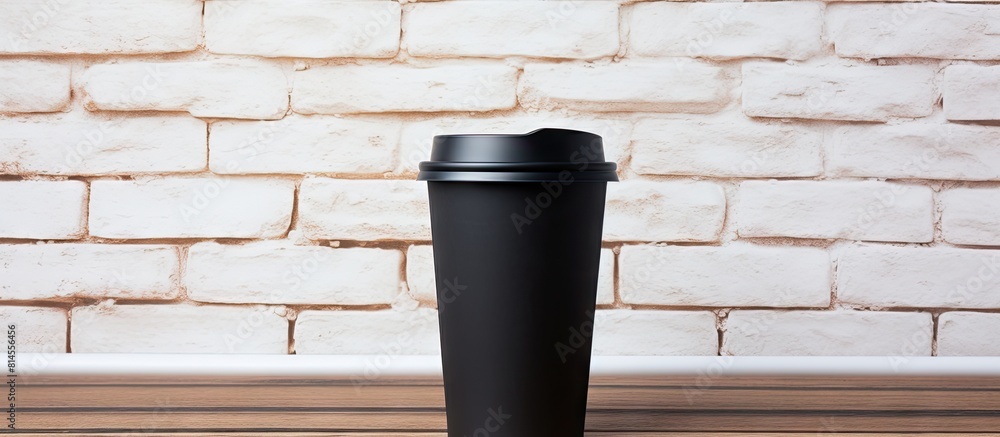 Poster a black mug on a white table stands out against the backdrop of a white brick wall the close up shot
