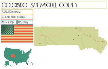 Large and detailed map of San Miguel County in Colorado USA.