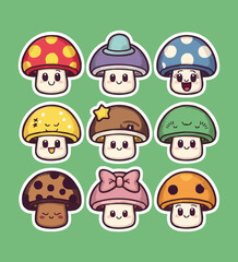 Delightful Kawaii Mushroom Printable Stickers Vector illustration set