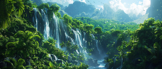 Beautiful tropical jungle with multiple cascading waterfalls and a peaceful monk in the background.