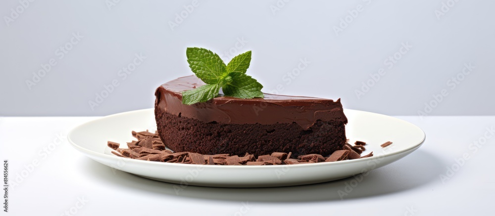 Poster A vegan chocolate cake is displayed on a white dish with a light background creating a positive portrayal of healthy vegan food The image provides ample space for a captivating and visually appealing