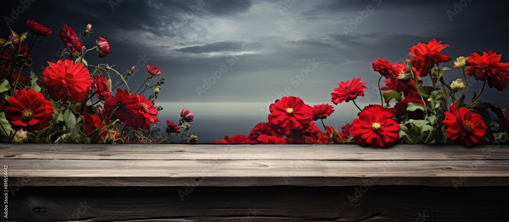 Poster summer time with a dark sky showcasing a vintage wooden table with ample room for your decorations a