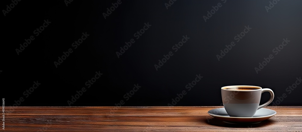 Aufkleber There is a black cup of coffee placed on the table with empty space for image. with copy space image. Place for adding text or design