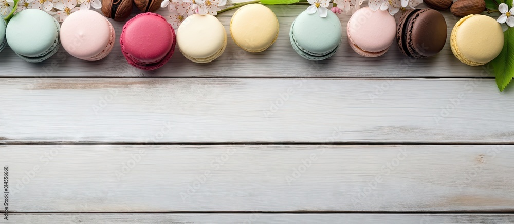 Fototapete a copy space image featuring various macaroons arranged on a light wooden surface alongside branches