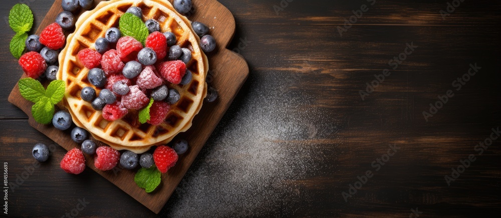 Poster Top view of a delectable serving of Belgian waffles on a food background perfect for indulging in a sweet dessert The image offers ample copy space for text and promotes organic eating