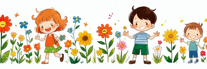Children and flowers drawn with paint on a white background.