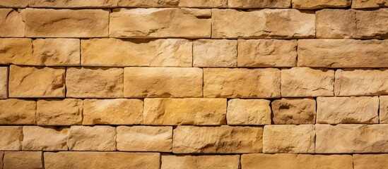 Fototapeta premium A close up image of the textured and rough light brown or yellow stone wall serves as a background It features an art pattern serving as an abstract concept for wallpaper or other uses