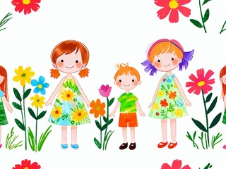 Children and flowers drawn with paint on a white background.