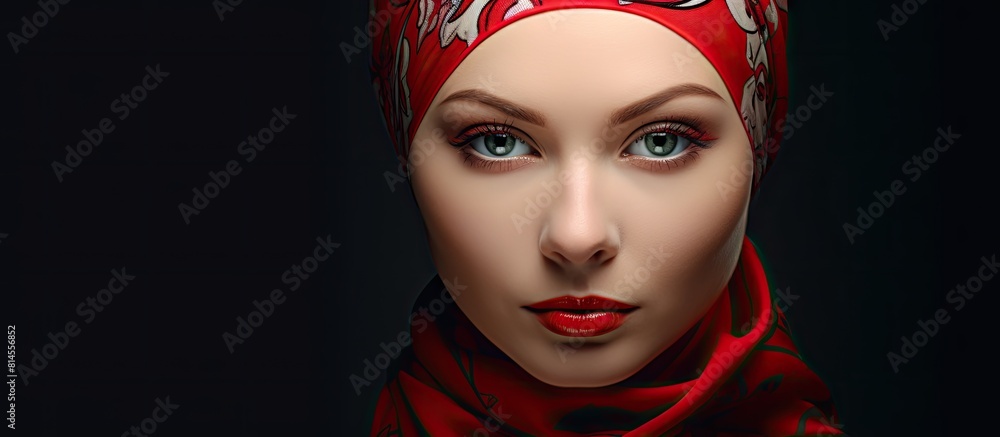 Poster Women s bandana a stylish accessory with a youthful touch perfect for adding flair to any outfit. with copy space image. Place for adding text or design