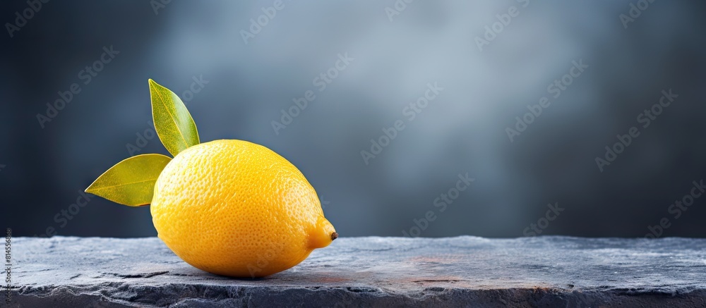 Poster a copy space image of a fresh organic lemon resting on a rustic slate surface