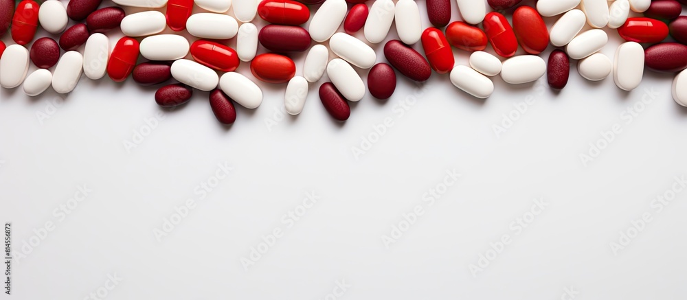 Poster top view of red and white tablets on a white background creating a spacious image. with copy space i