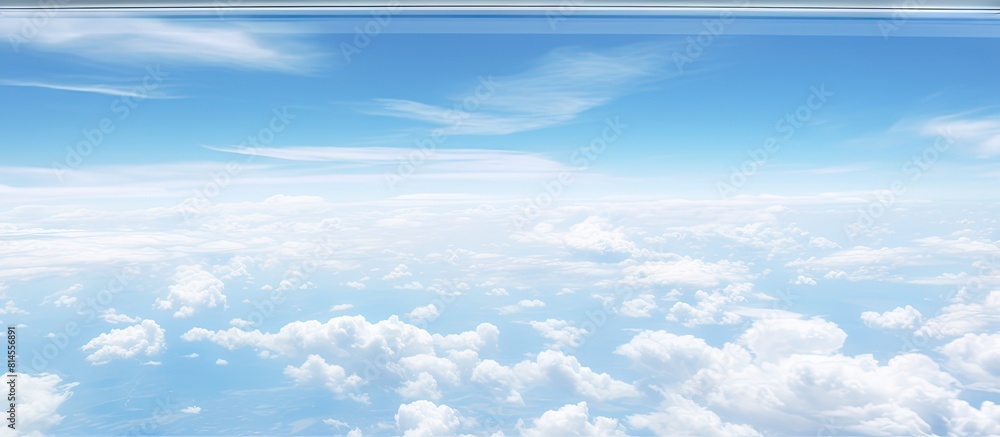 Poster an aerial perspective captured through the window of an airplane showing the serene expanse of sky a