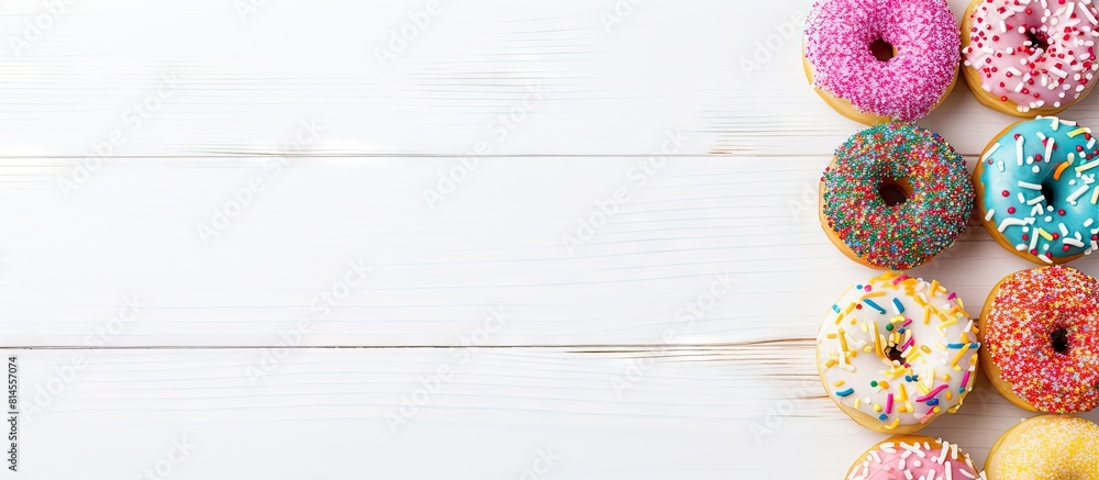 Poster A top down view of sweet and colorful donuts topped with icing sugar and glazed sprinkles on a white wooden table providing ample space for text or other elements in the image