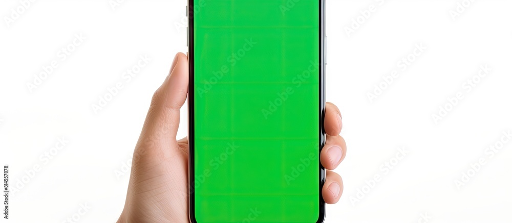 Poster a hand is holding a smartphone with a blank chromakey screen creating a technology and advertising c