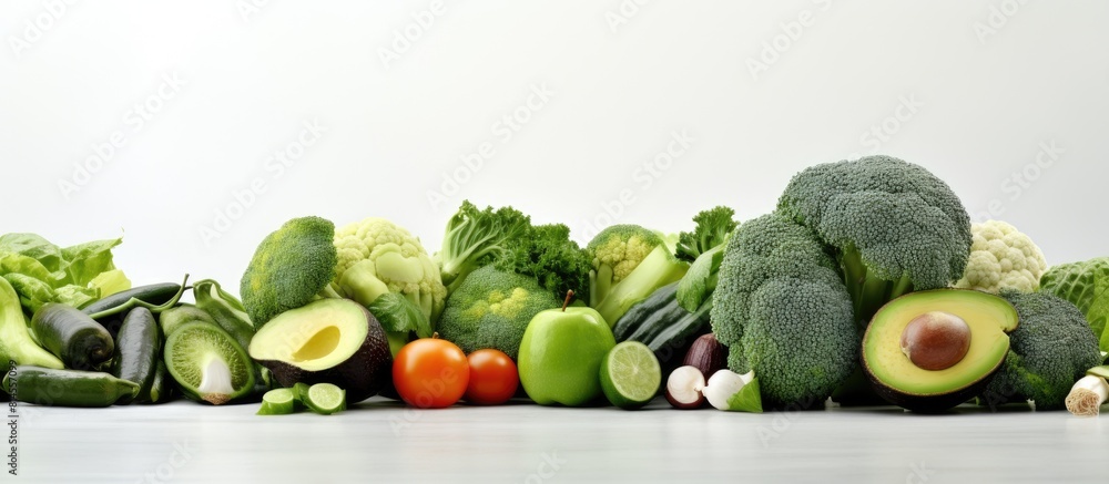 Poster a colorful assortment of fresh green fruits and vegetables including avocados cucumbers cabbage appl
