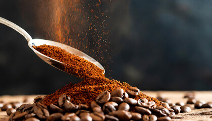 Close up view stock image of fresh roasted coffee powder falling to a ground in the dark background