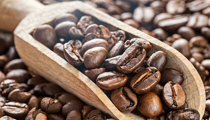 Close up view stock image of fresh roasted coffee beans in a large wooden