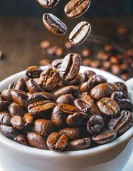 Close up view stock image of fresh roasted coffee beans falling from a beautiful cup