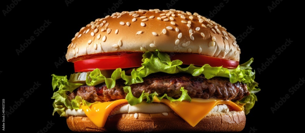 Poster close up copy space image of a hamburger or cheeseburger on a white isolated background featuring a 