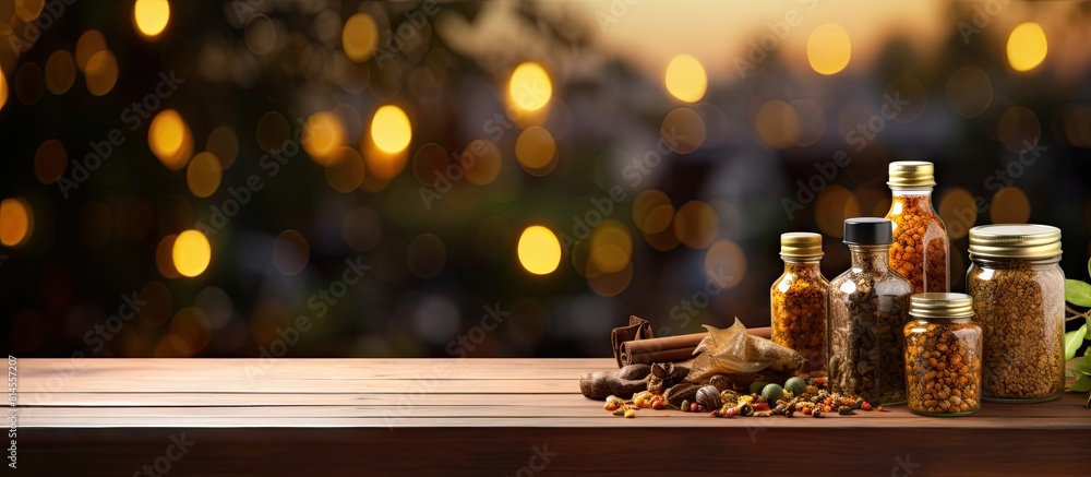 Poster product montage display on a wooden deck table with a bokeh background and copy space image
