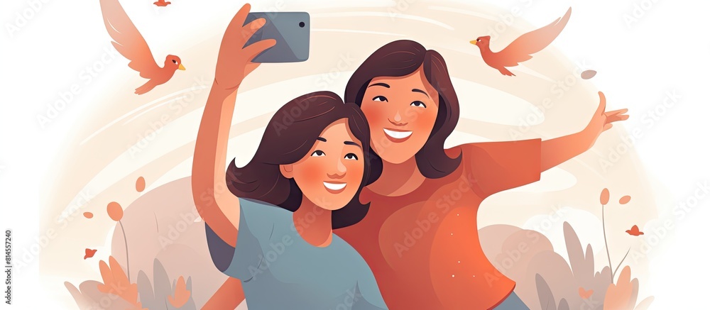 Poster in a joyful moment a smiling mother and her child are capturing a selfie on a smartphone with a bann