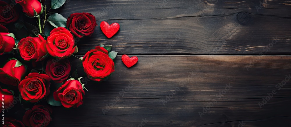 Poster Top view composition of a red rose and heart on a table specifically arranged for Valentine s Day The image emphasizes the holiday concept with a flat lay design and ample copy space