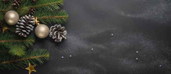 Festive Christmas or New Year card with fir tree decorations on black concrete and a copy space image