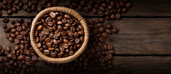 A top view of a wooden basket filled with roasted coffee beans providing ample space for a captivating copy image
