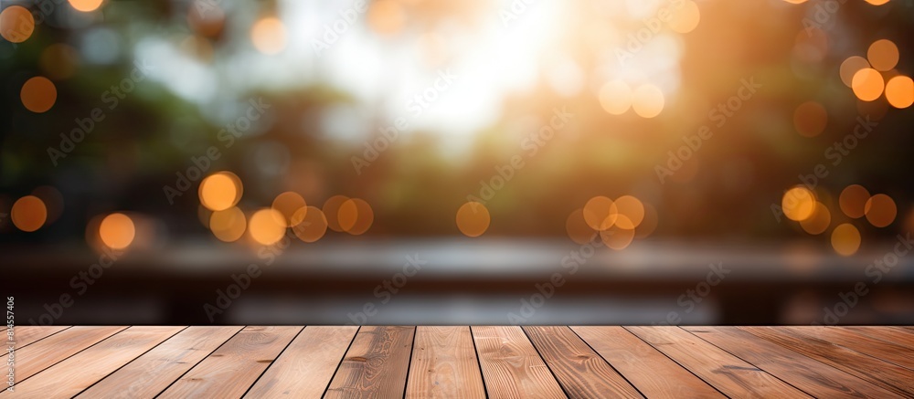 Poster marketing promotion can be done on a wooden table with an abstract blurred background the empty spac