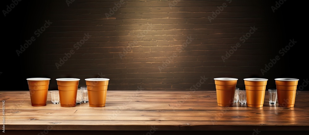 Poster A copy space image showcasing game cups for Beer Pong placed on a table 67 characters