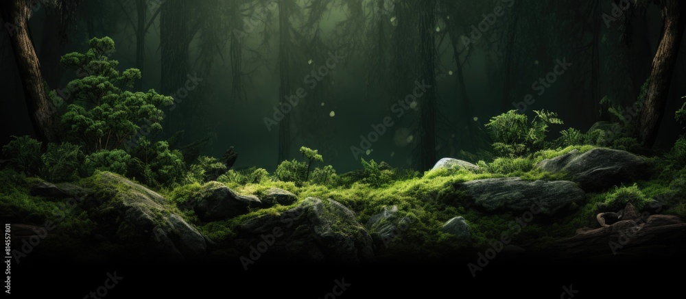 Poster The dark forest background with green moss provides a perfect backdrop for displaying products in a copy space image