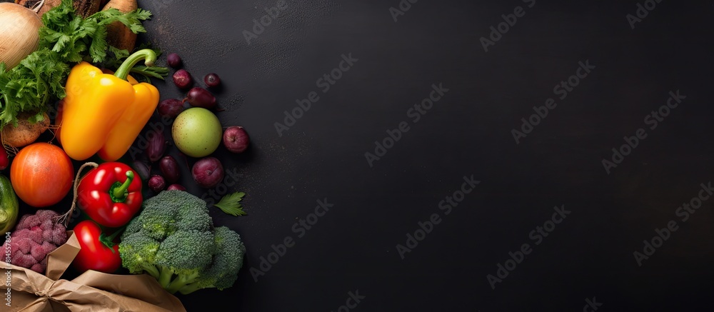 Poster Top view of a paper bag filled with fresh vegetables and fruits on a dark background creating a captivating copy space image