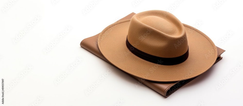 Poster a brown notepad and a summer hat are placed on a white background with ample space for an image