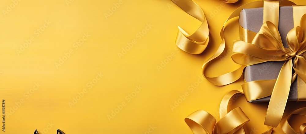 Poster View from above on the table with presents being wrapped showing a flat lay top frame of gift boxes adorned with yellow bows In the image there is copy space along with scissors coils of twine cord a