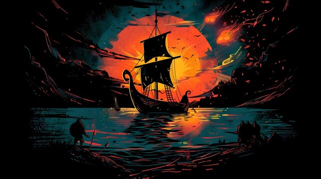 Dramatic Viking Funeral Pyre on Fiery Sunset Seascape in 80s Synthwave Style